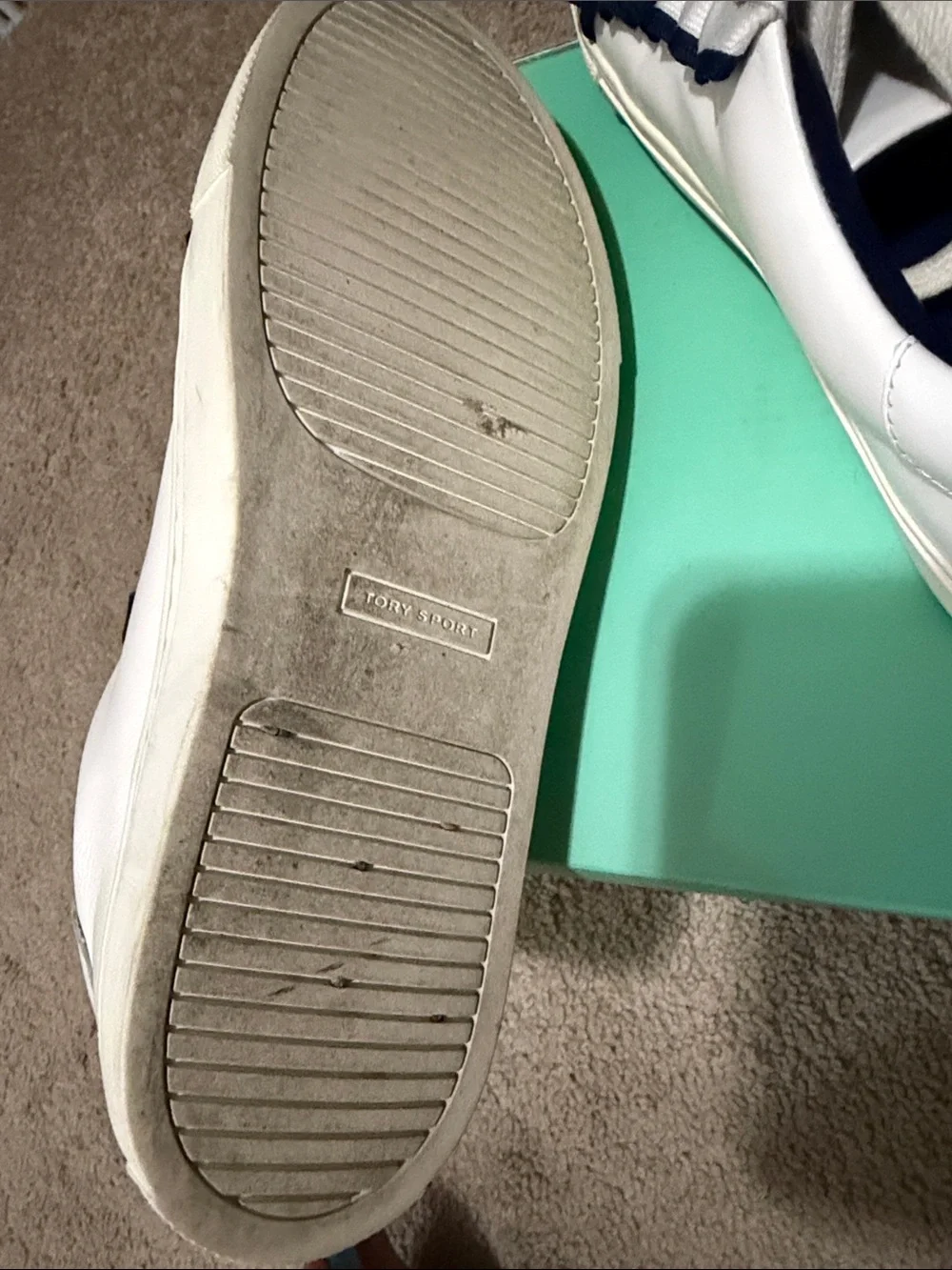 Tory Burch White Leather Sneakers with Navy Trim